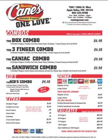Raising Cane's Chicken Fingers Menu - Huntington Park CA | Menu, Hours ...